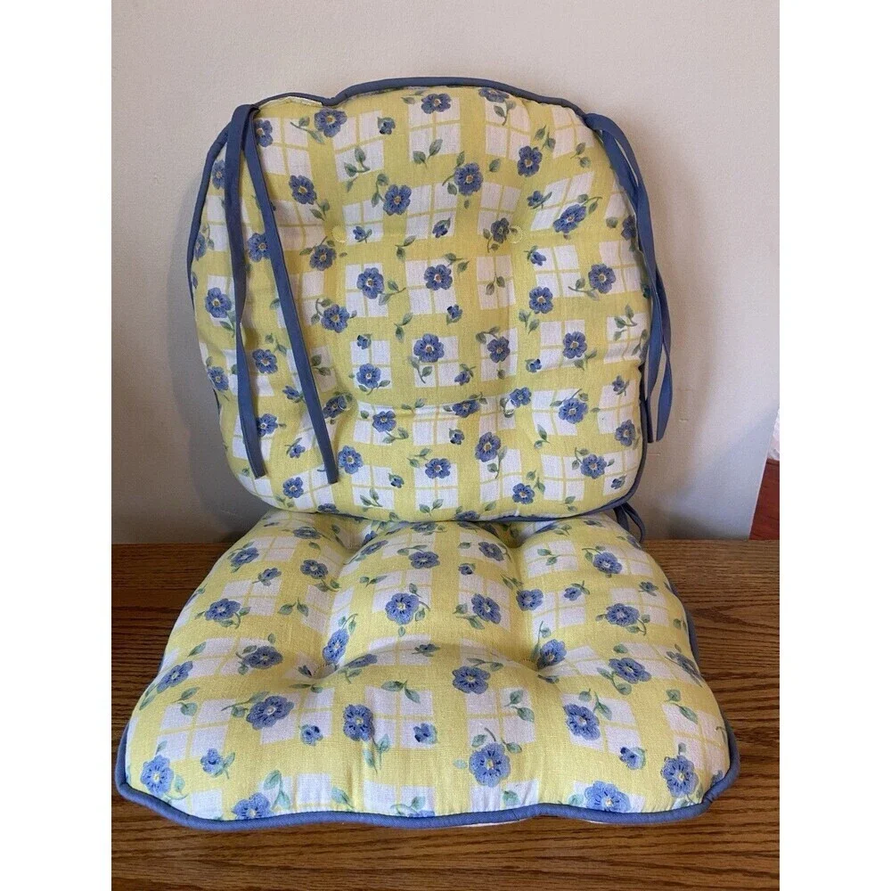 Pfaltzgraff Shelby Chair Pads Cushion Floral Seat Stool Check VTG 90s Blue Yello